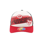 Front: White hat with red stripe across middle, "Hurricanes" in black cursive; red/white Cartoon Stormy & Primary logo
