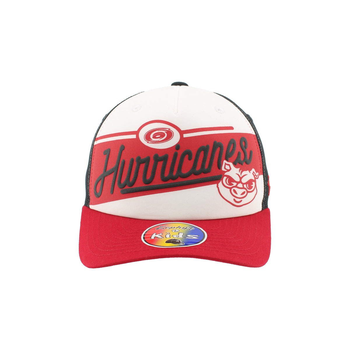 Front: White hat with red stripe across middle, "Hurricanes" in black cursive; red/white Cartoon Stormy & Primary logo