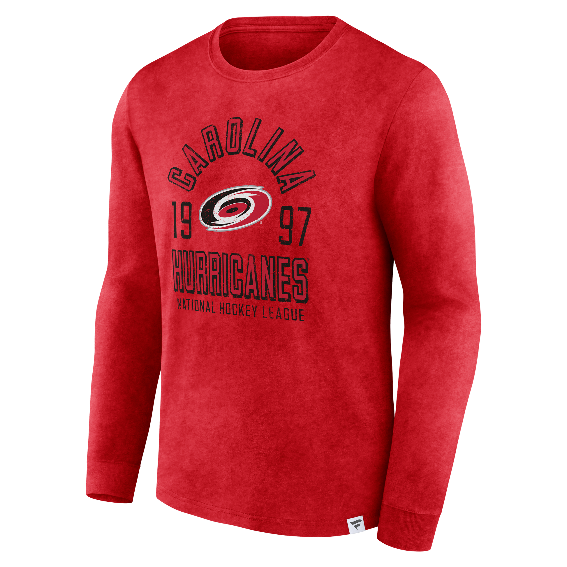 Front: Red long sleeve that says Carolina Hurricanes 1997 National Hockey League with Hurricanes logo in center