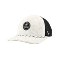 Side: Marble colored hat with white rope on brim, black and white circular graphic on front