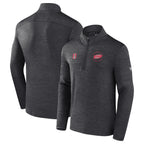 Front/Back: Dark gray quarter-zip with red artwork on the front