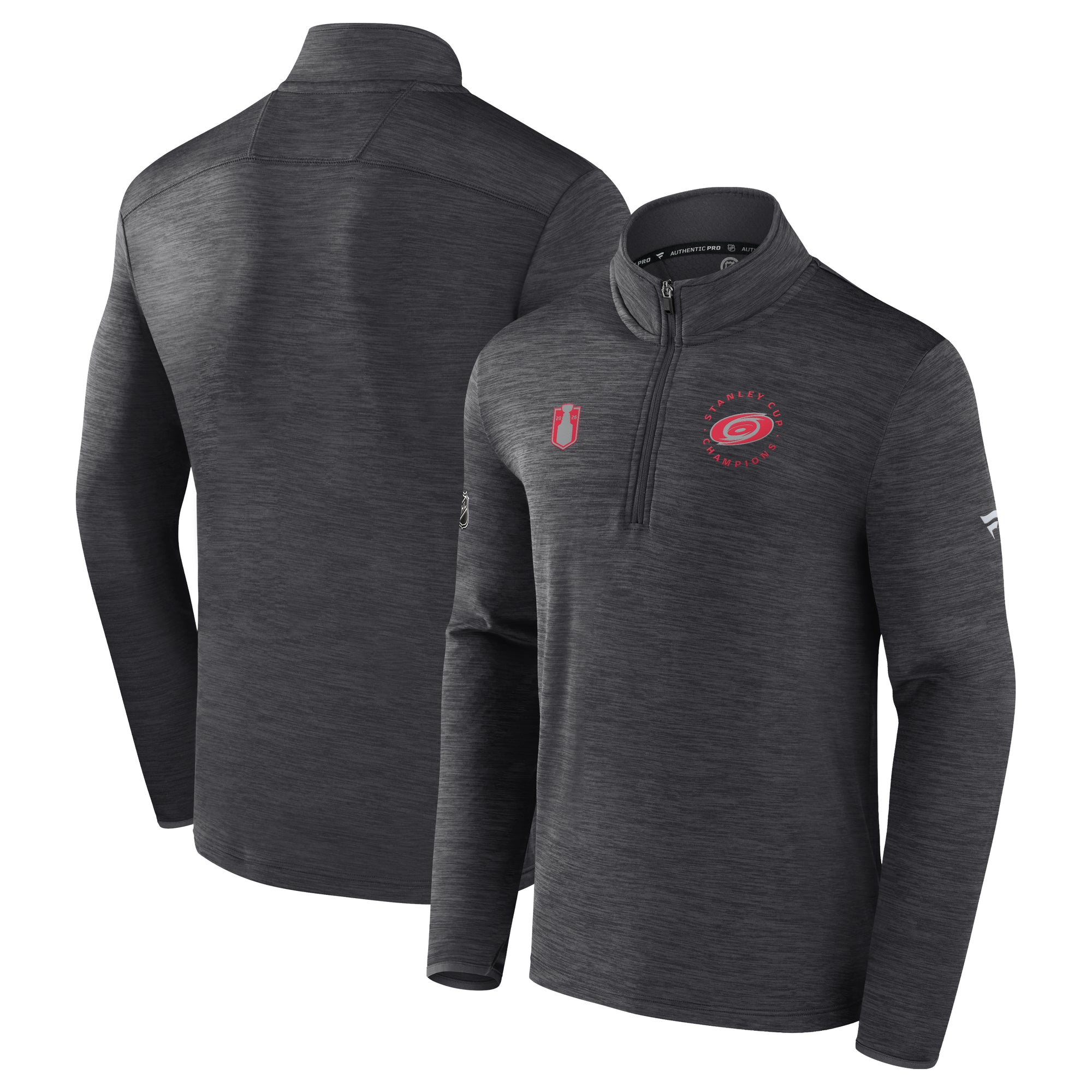 Front/Back: Dark gray quarter-zip with red artwork on the front