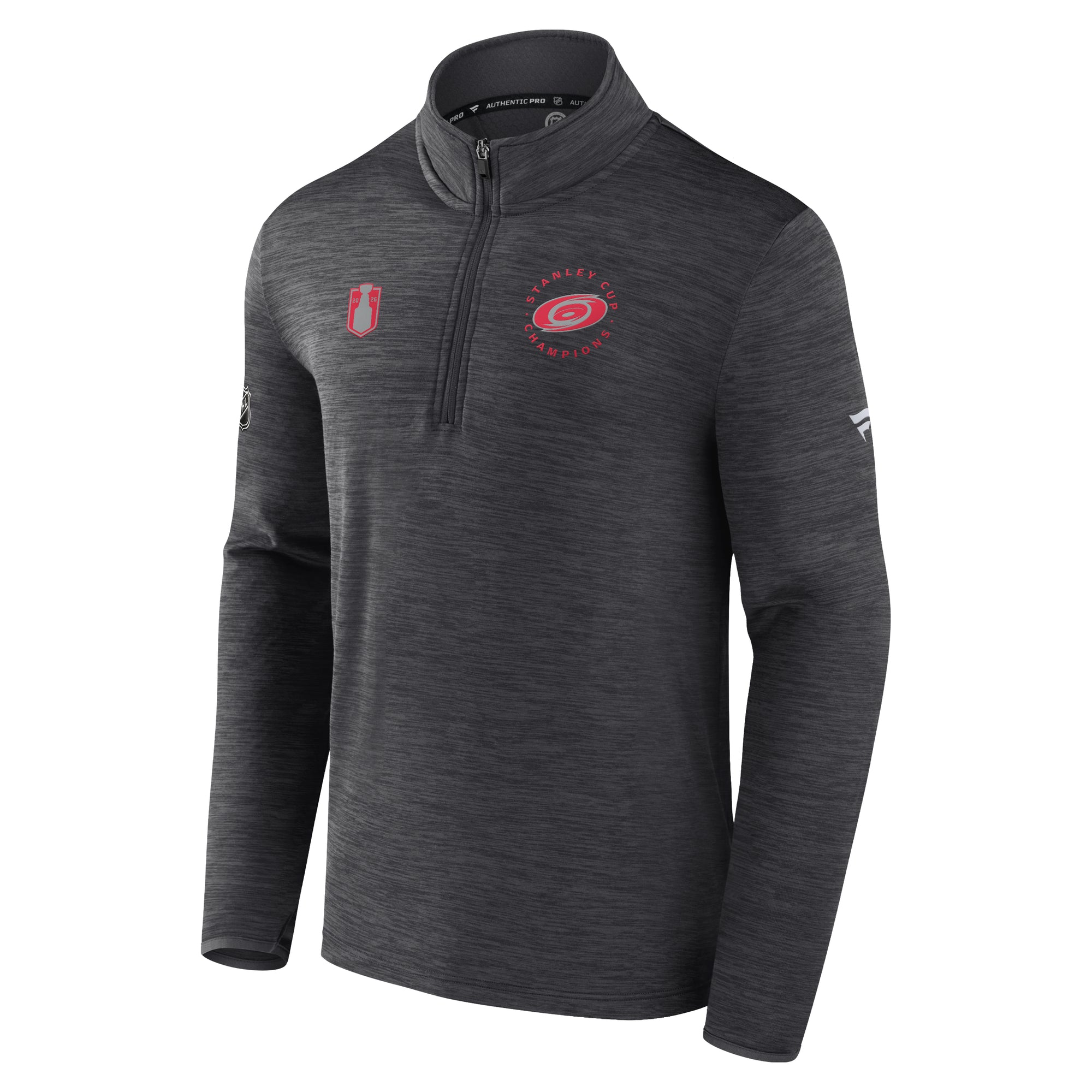 Front: red Stanley Cup art on right chest, "2026 Stanley Cup Champions" with Primary logo in red/silver on left chest