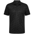 Black polo with white and gray pattern, blackout Primary logo on left chest