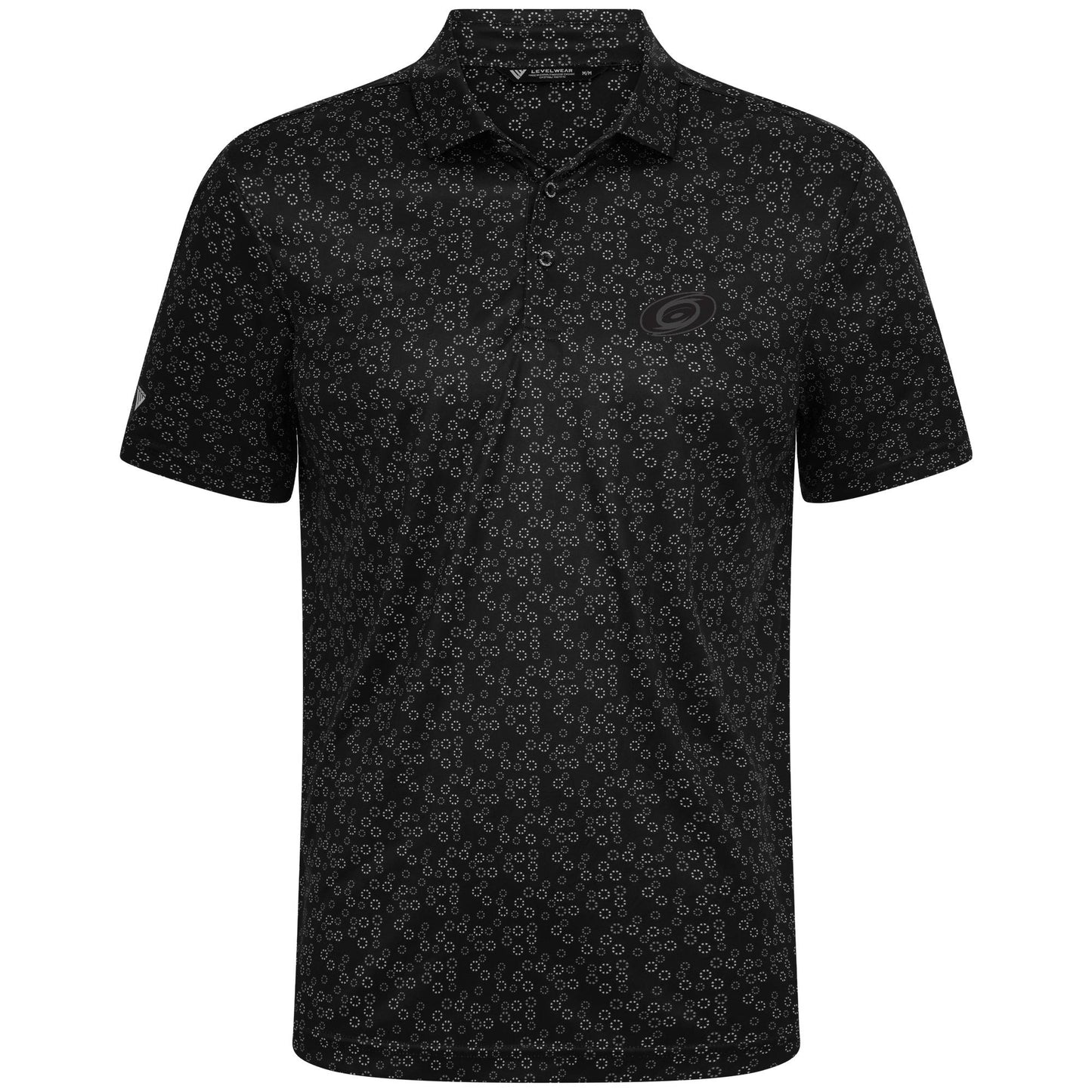 Black polo with white and gray pattern, blackout Primary logo on left chest