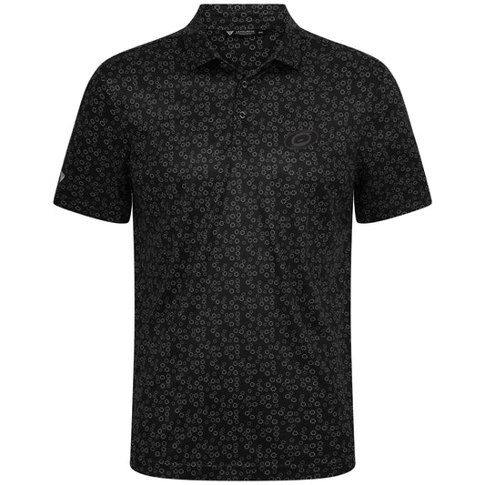 Black polo with white and gray pattern, blackout Primary logo on left chest