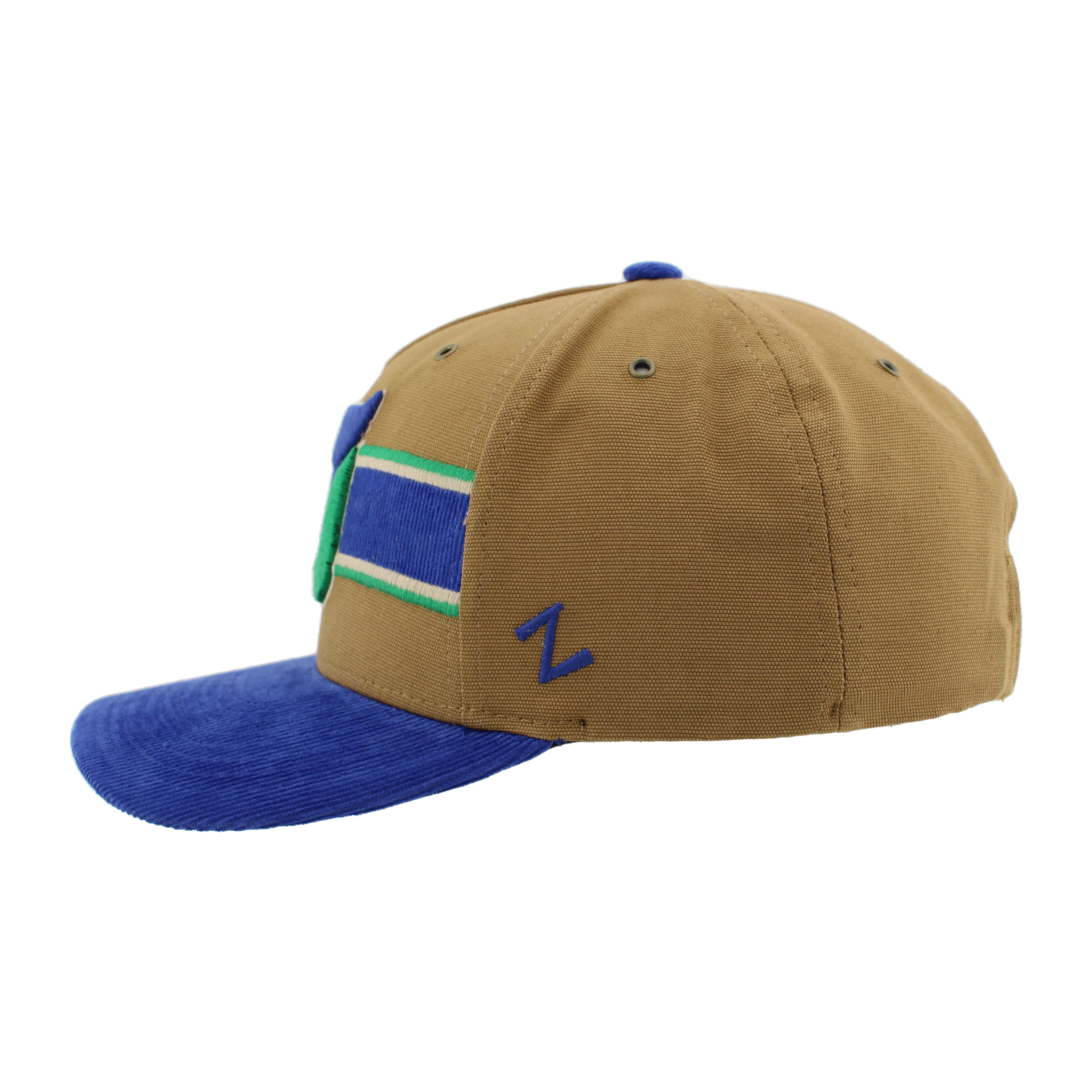 Left: Brown hat, blue "Z" Zephyr logo on side