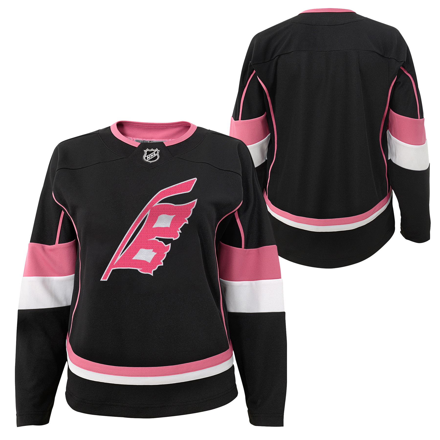 Front & Back: Black jersey with pink and white accents, pink and white Flags logo on front