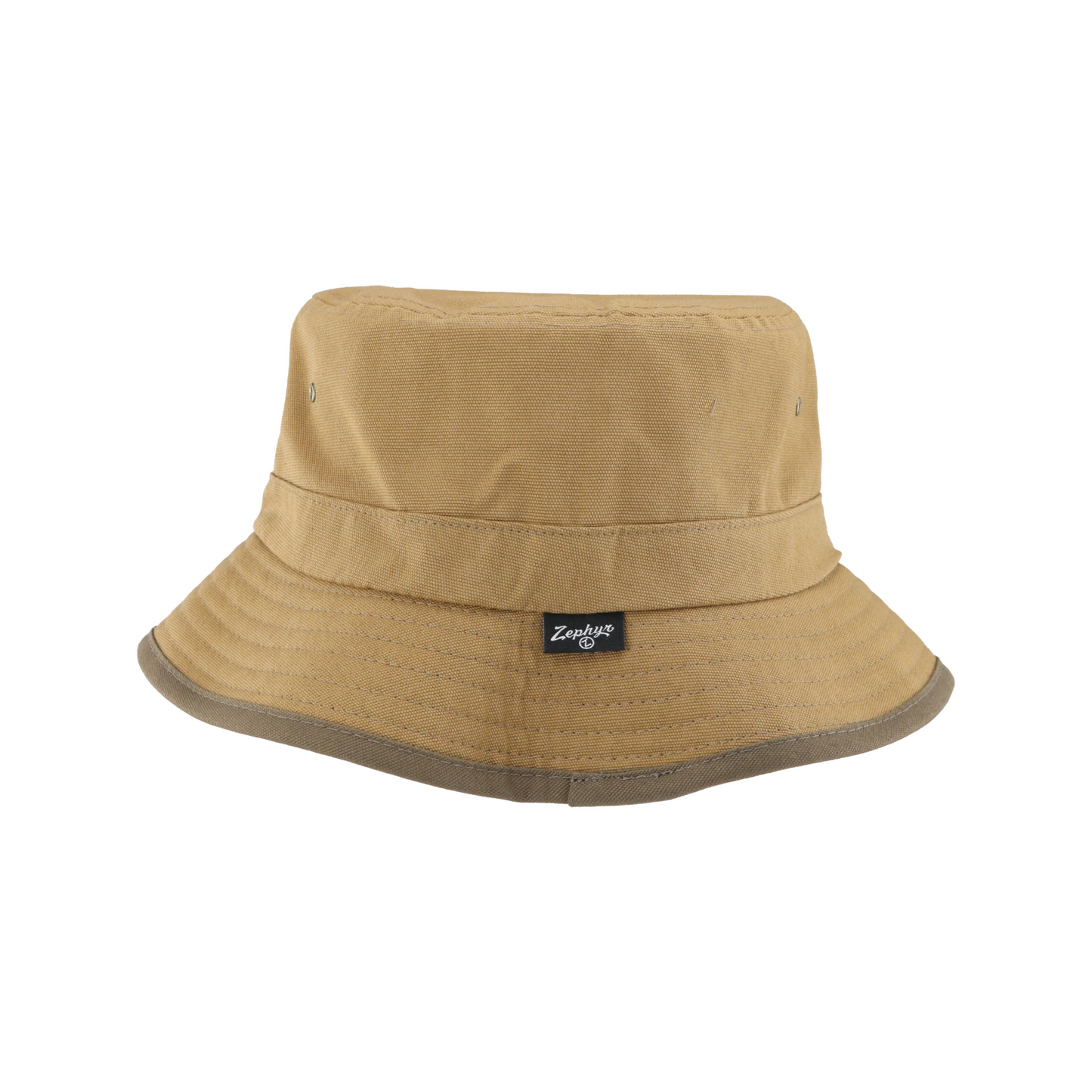 Back: Tan bucket hat with black Zephyr tag on back