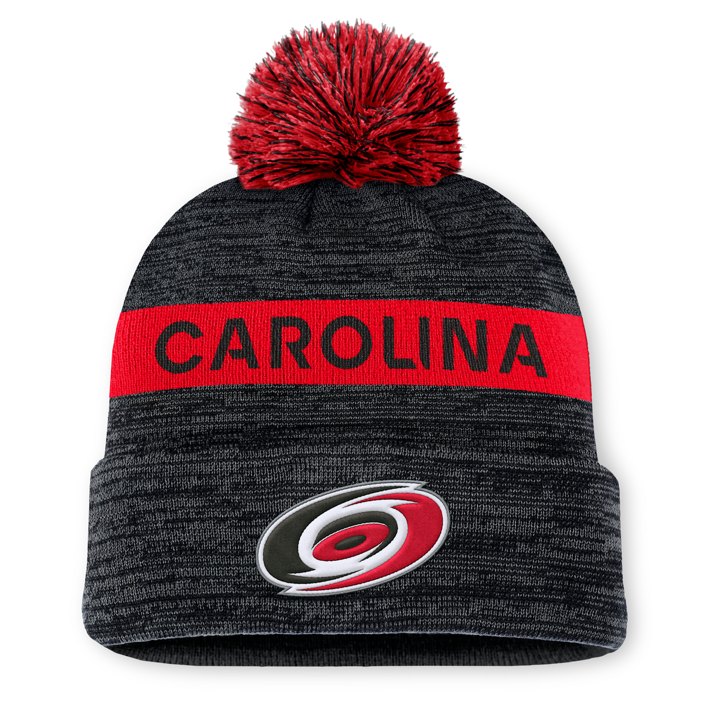 Front: Black cuffed beanie with red pom, primary logo on cuff, "CAROLINA" in red and gray on front