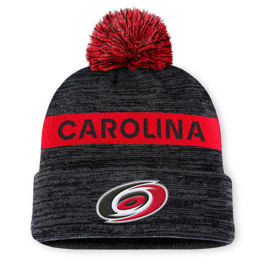 Front: Black cuffed beanie with red pom, primary logo on cuff, "CAROLINA" in red and gray on front