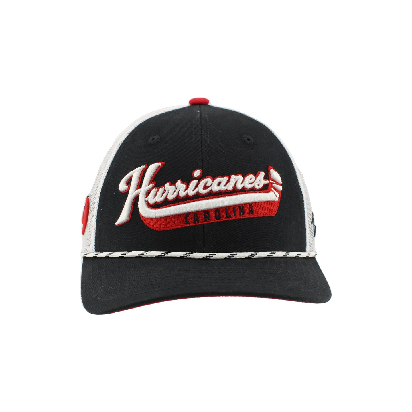 Black hat with rope on brim, "CAROLINA HURRICANES" script in red white and black