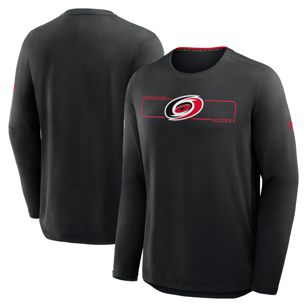 Front/Back: Black longsleeve tech tee, Primary logo on front with red rectangle