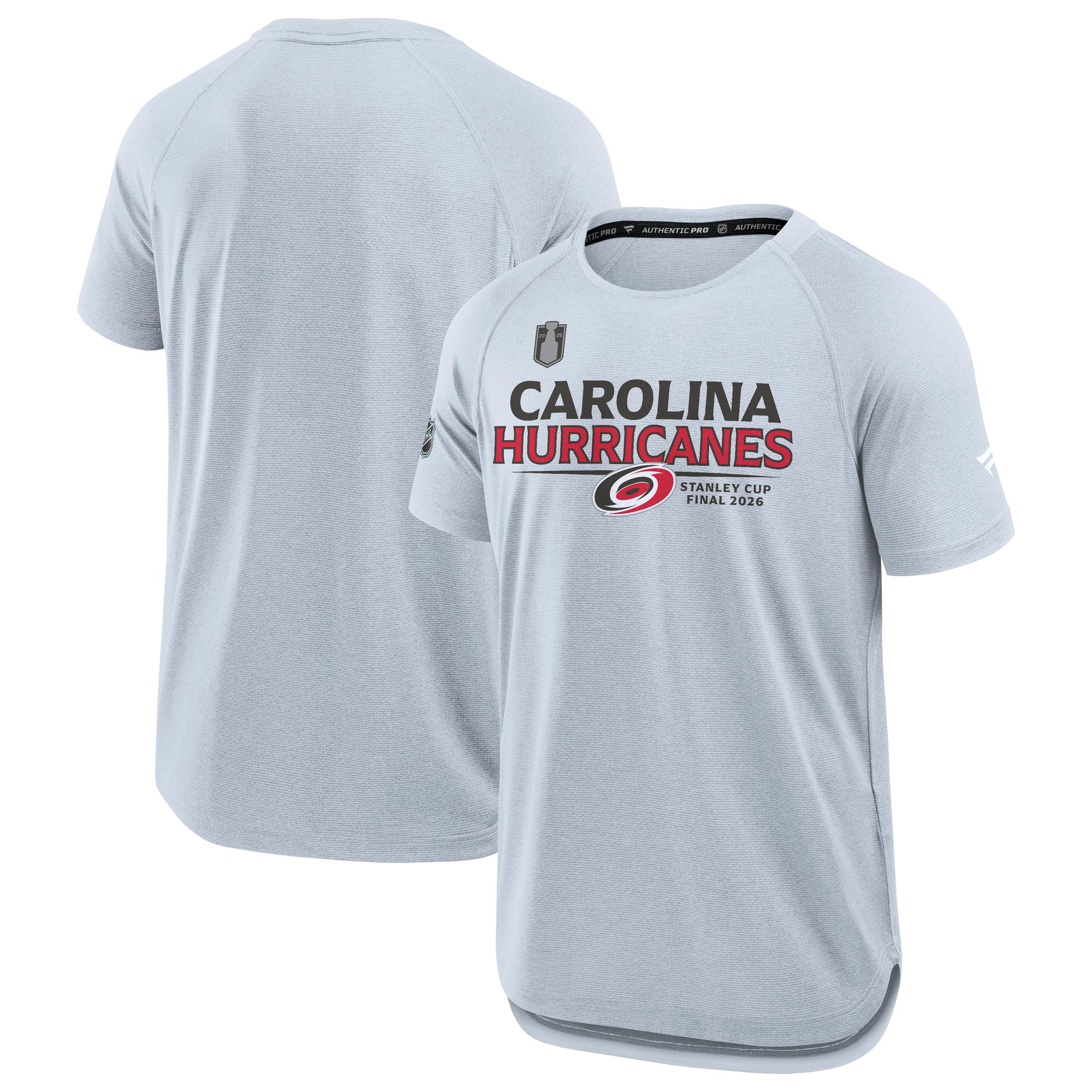 Front/Back: Light gray tee, "CAROLINA HURRICANES" across front with Stanley Cup Final logo/wording