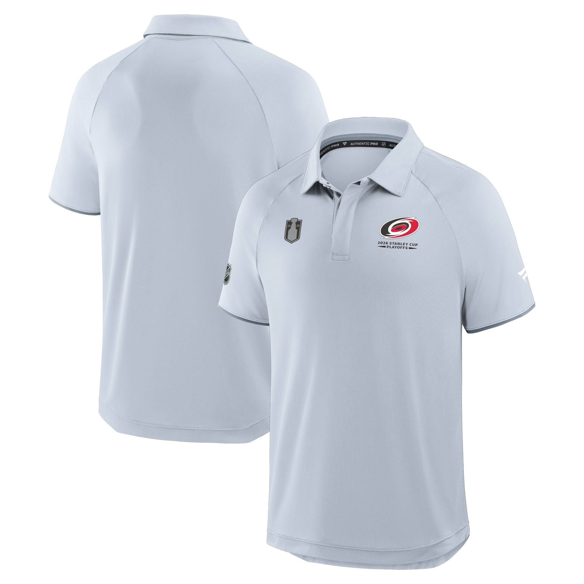 Front: Gray polo, Primary logo on left chest, Stanley Cup Playoffs logo on right chest