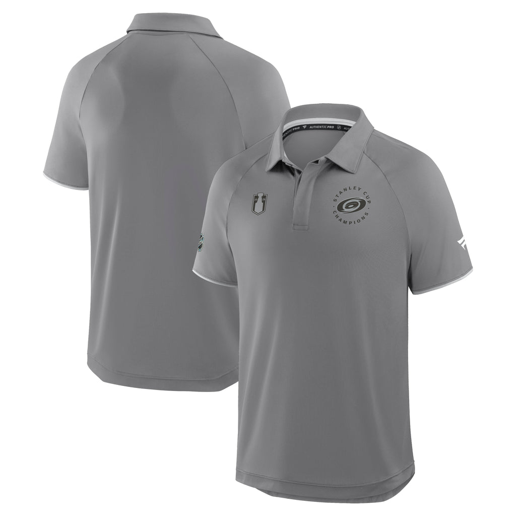 Front/Back: Dark grey polo, Primary logo/Stanley Cup logo on front, logos on sleeves