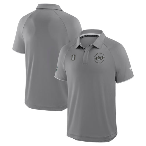 Front/Back: Dark grey polo, Primary logo/Stanley Cup logo on front, logos on sleeves
