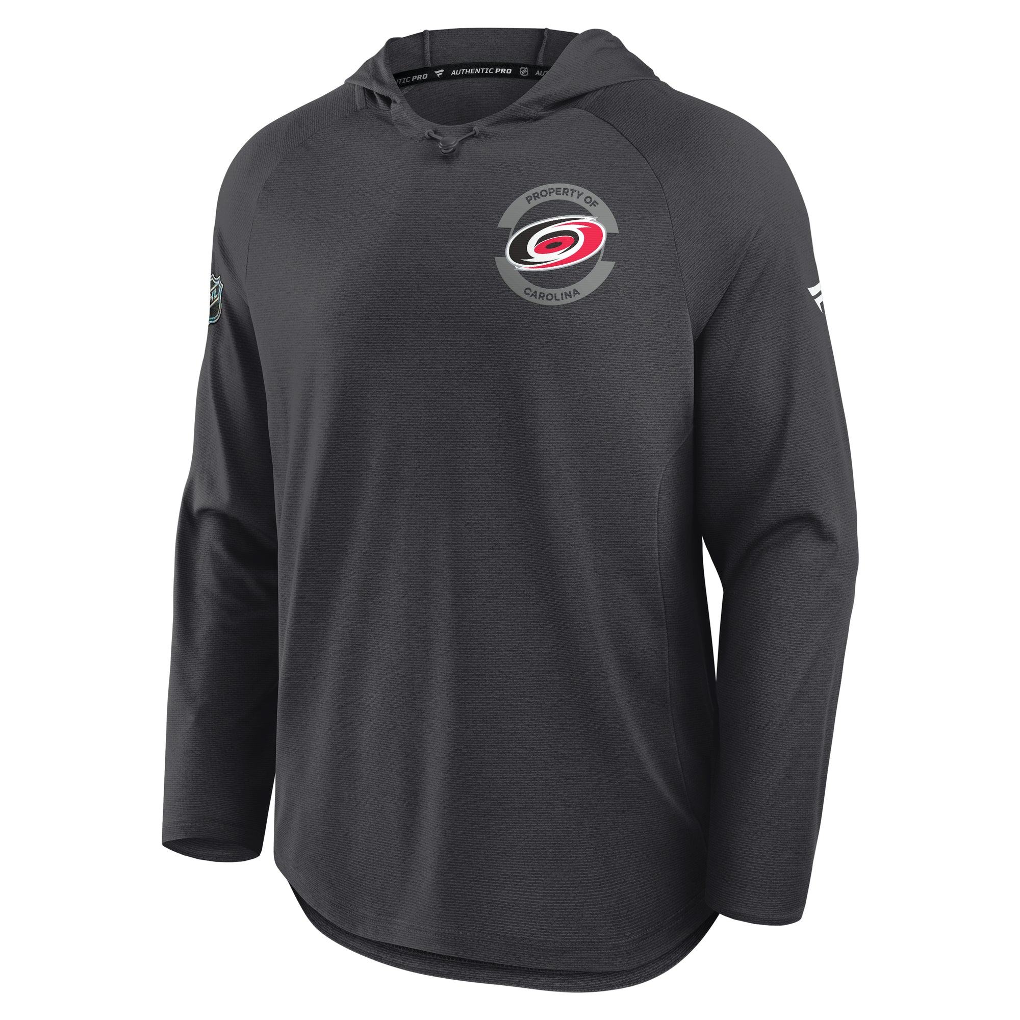 Front: Gray pullover hood, "Property of Carolina" graphic on left chest