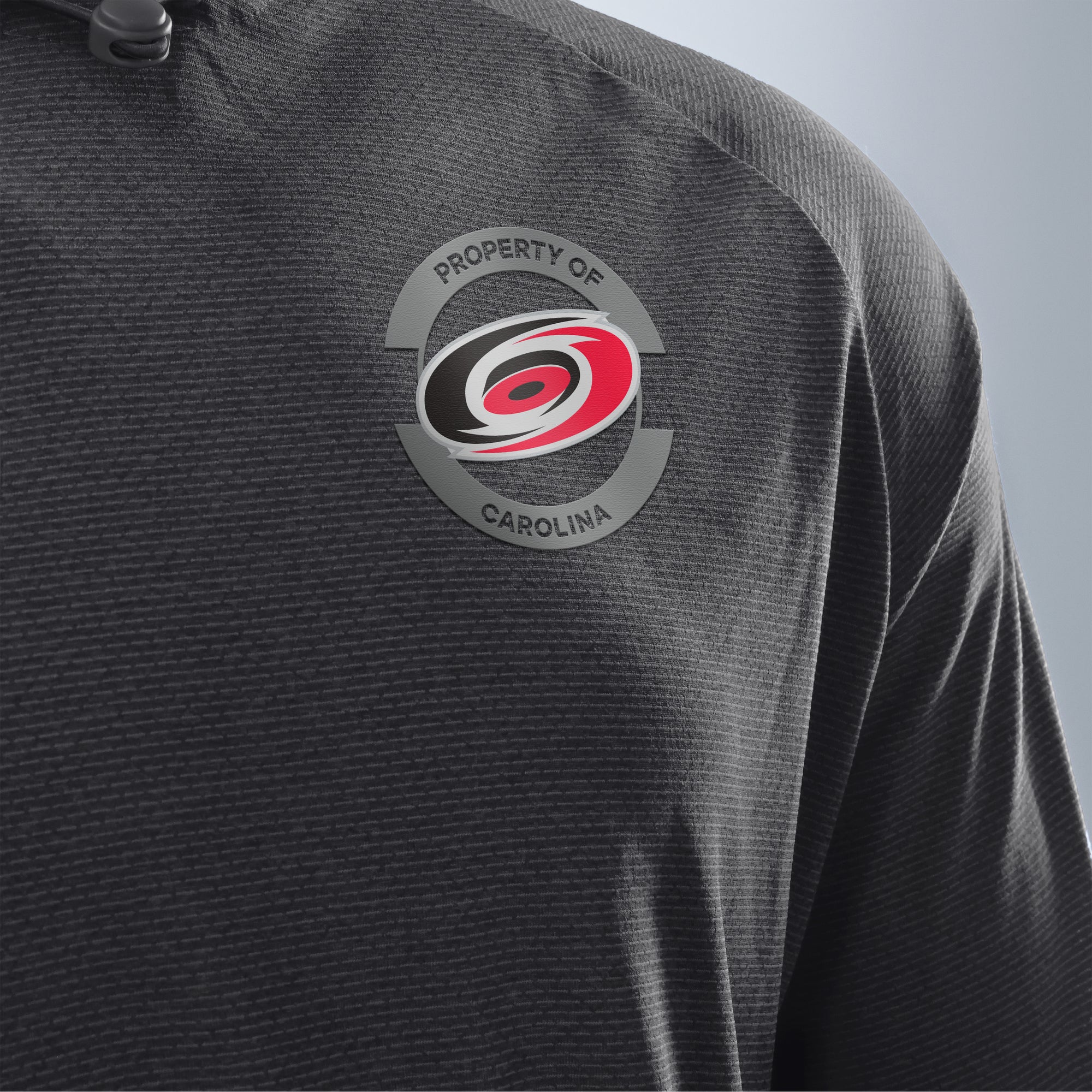 Close up of the "Property of Carolina" graphic on the left chest