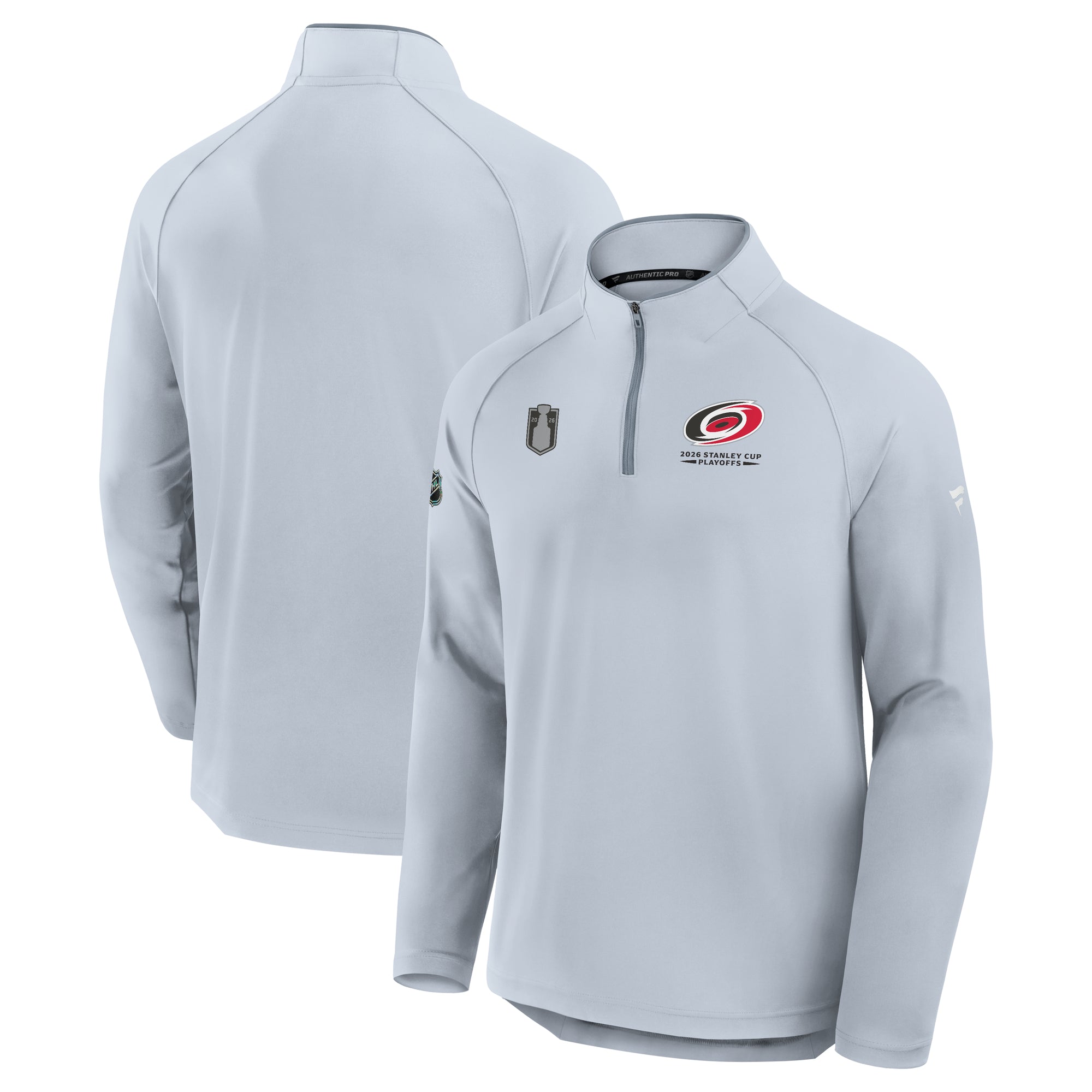 Front/Back: Gray quarter-zip, Primary logo on left chest, Stanley Cup Playoffs logo on right chest