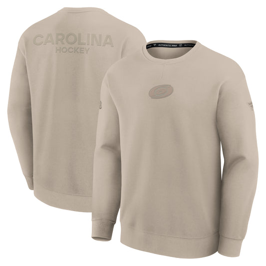 Front and back: Cream crewneck, Primary logo in cream on front, "CAROLINA HOCKEY" in cream on back