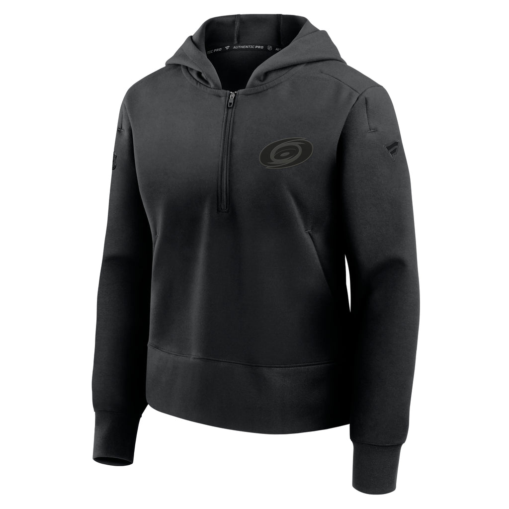 Front: Black quarter-zip with hood, blackout Primary logo on left chest