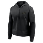 Front: Black quarter-zip with hood, blackout Primary logo on left chest