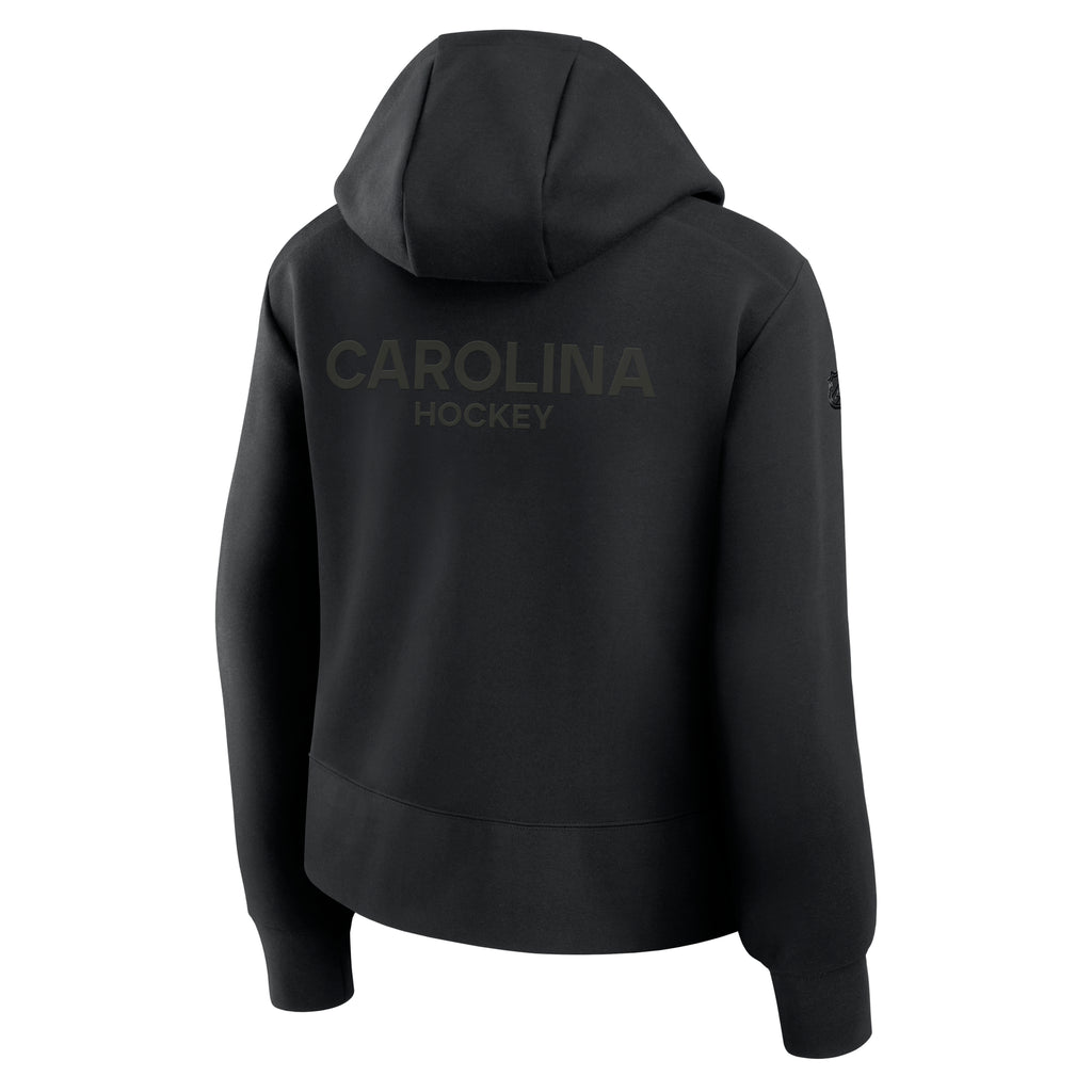 Back: Black quarter-zip with hood, "CAROLINA HOCKEY" in black on back
