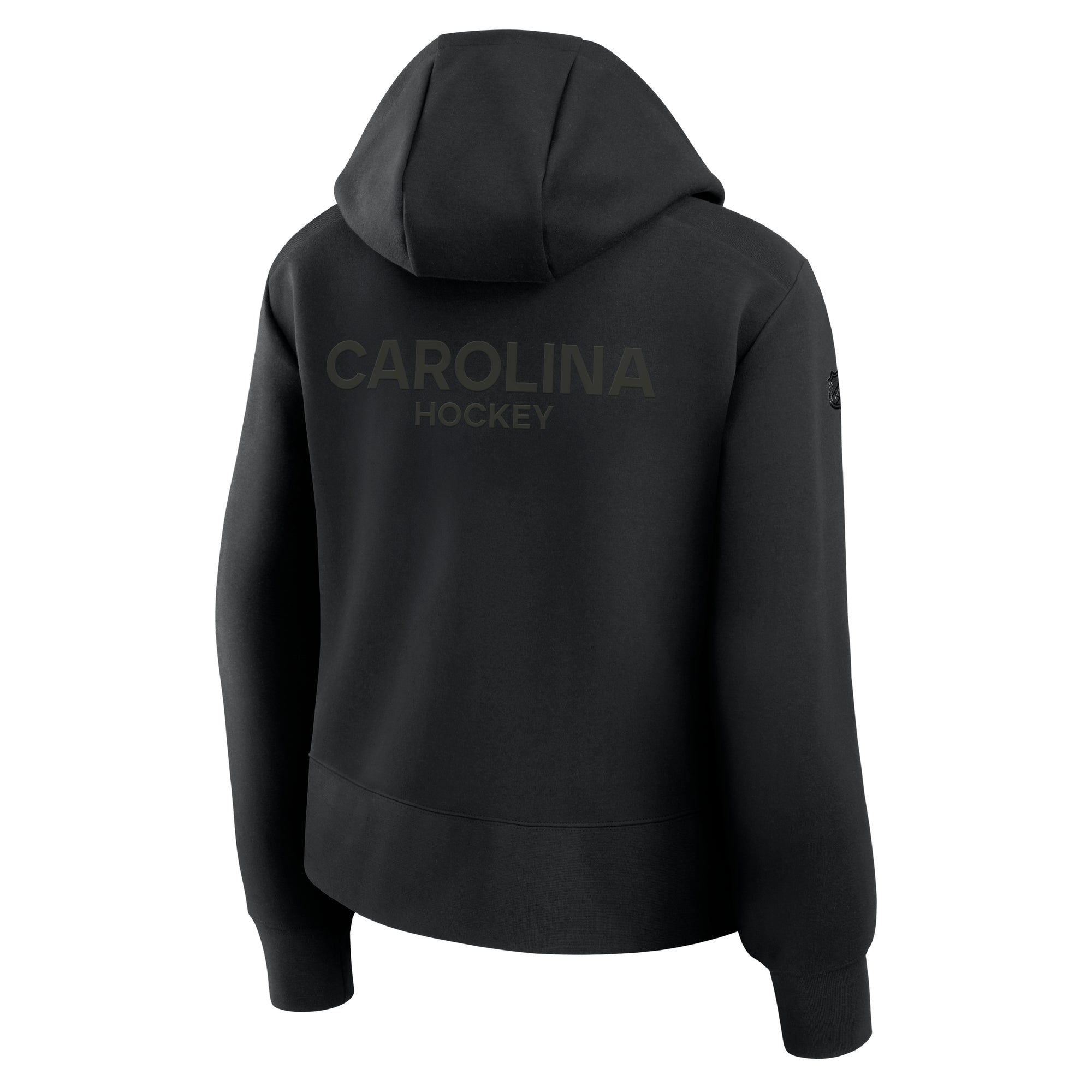 Back: Black quarter-zip with hood, "CAROLINA HOCKEY" in black on back