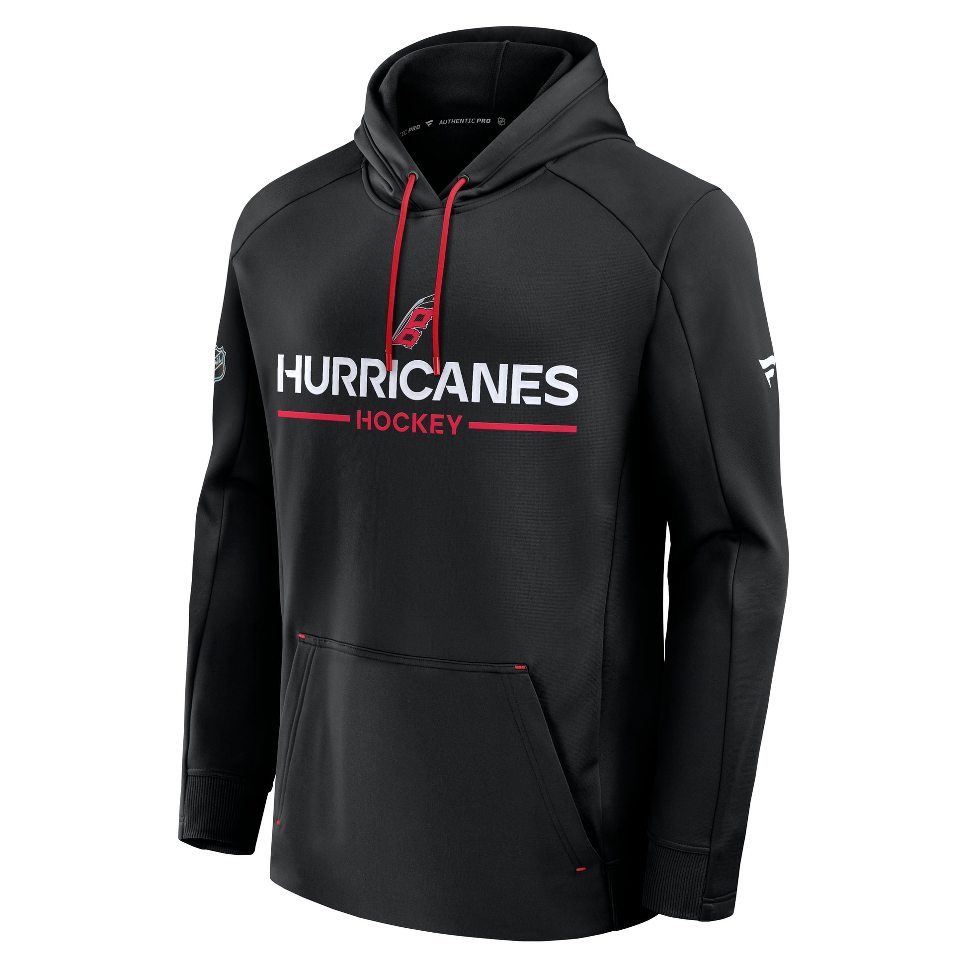 Front: Black hoodie, red strings, "Hurricanes Hockey" in white and red with Flags logo