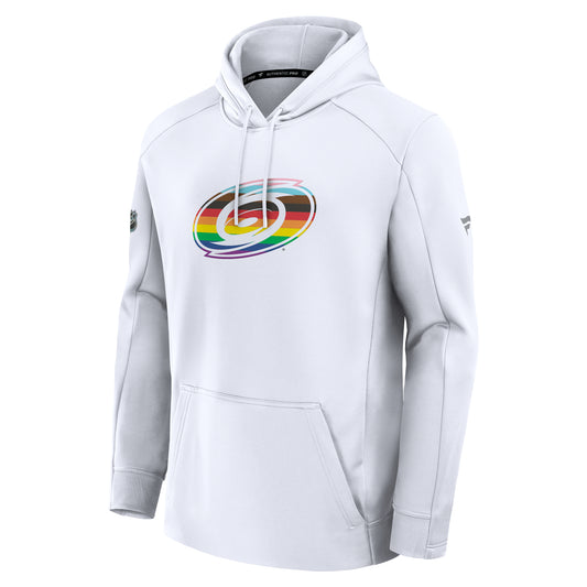 Front: White hoodie with Primary logo on front in Pride pattern