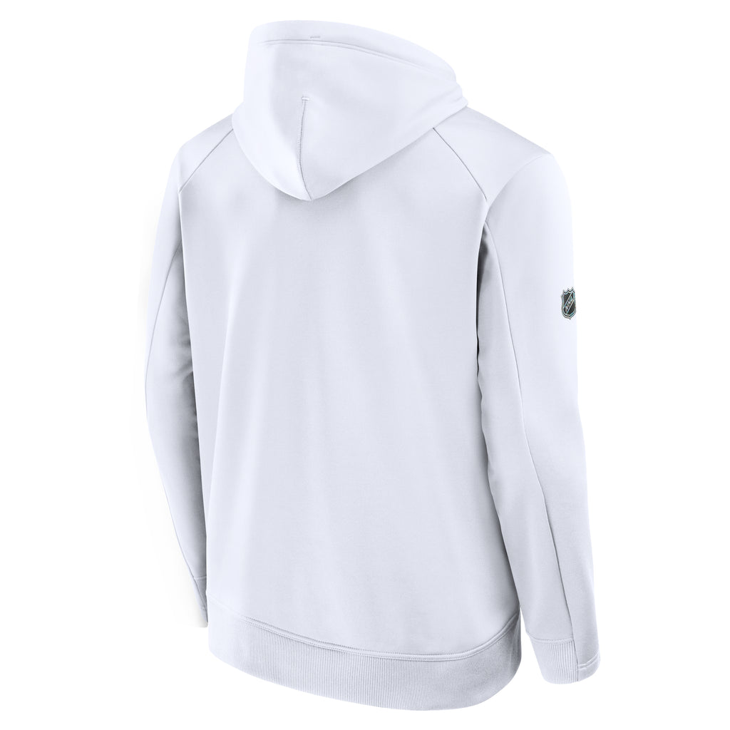 Back: White hoodie, Fanatics logo on left sleeve, NHL shield on right