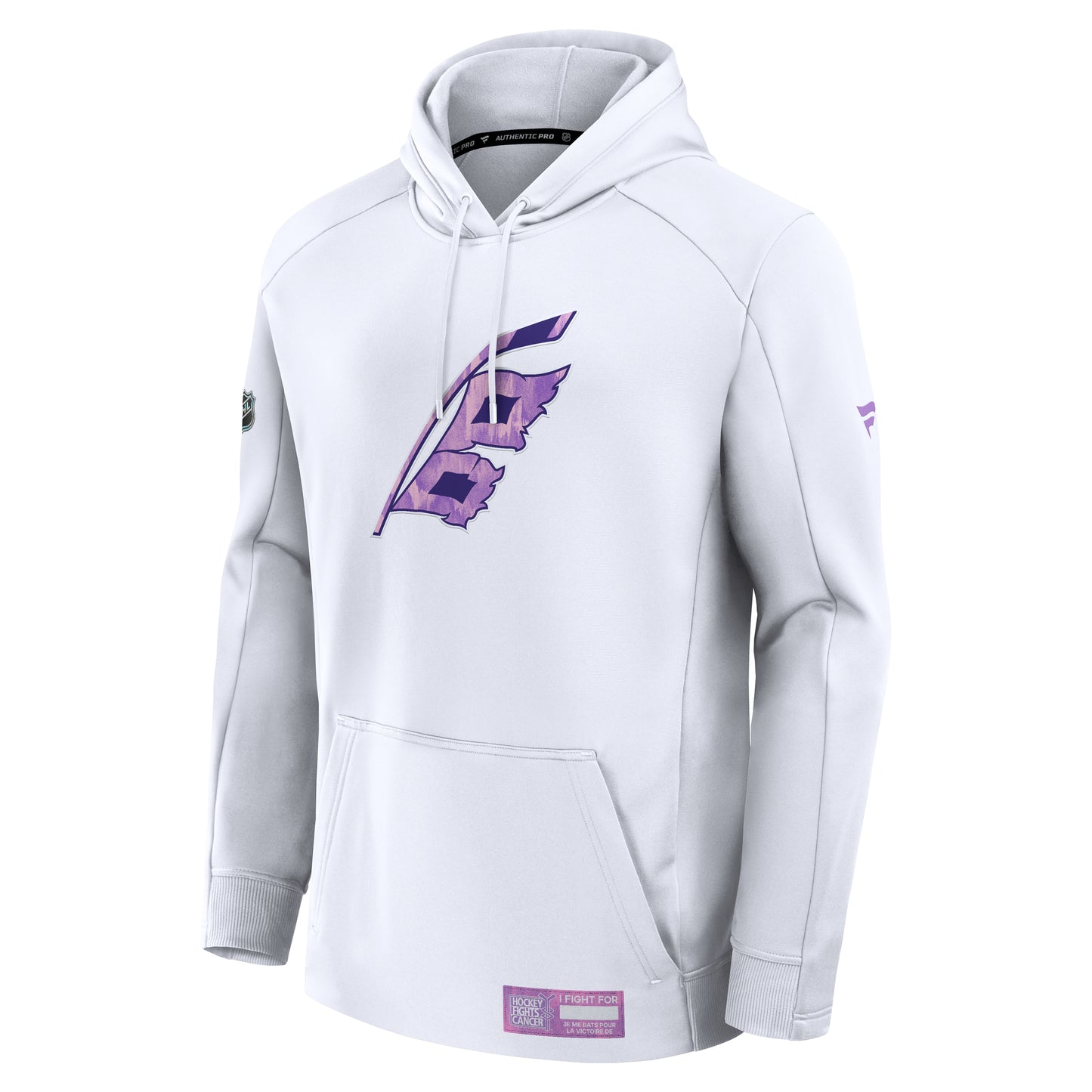 Front: White hoodie, Flags logo in Hockey Fights Cancer pattern on front, "I Fight For" patch on waist
