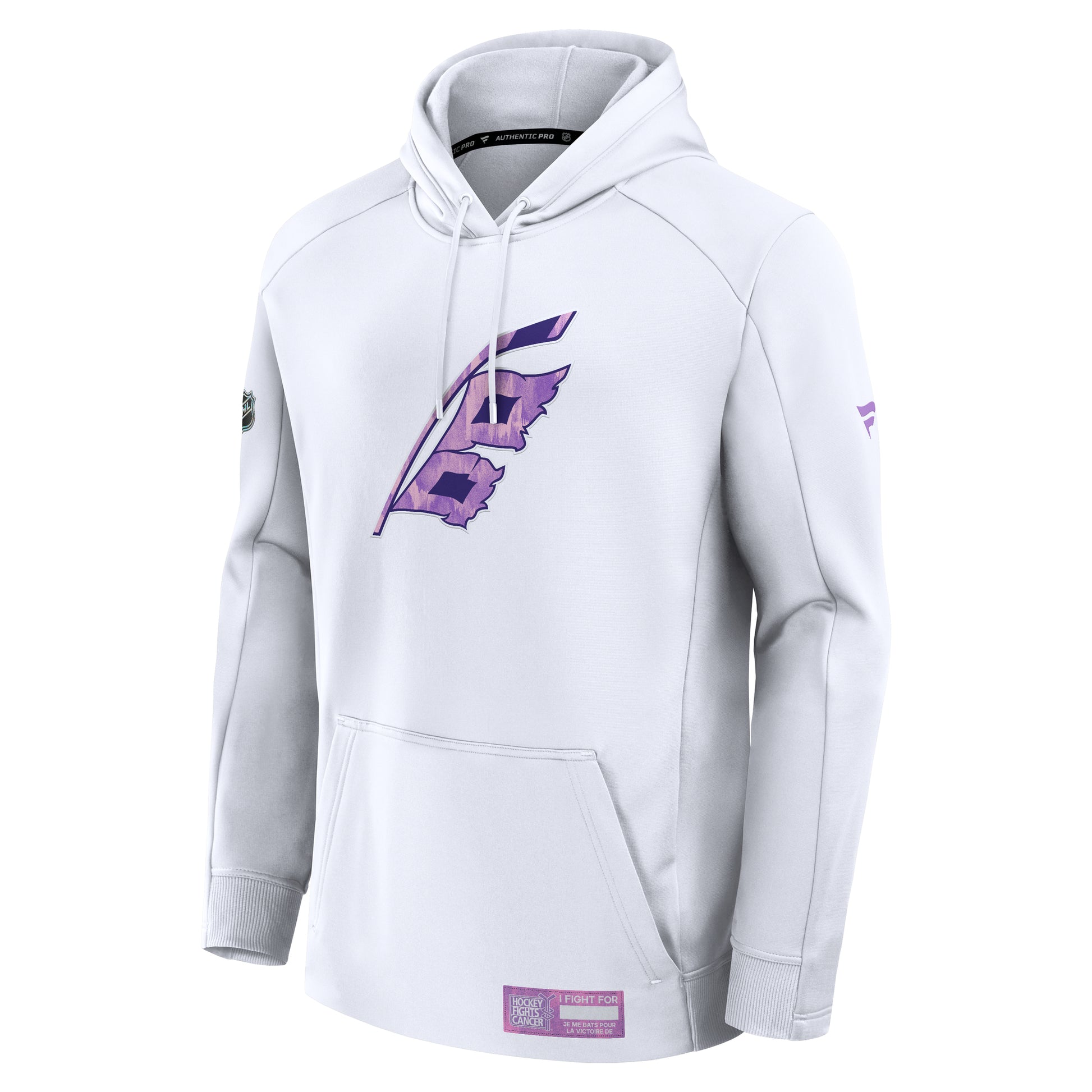 Front: White hoodie, Flags logo in Hockey Fights Cancer pattern on front, "I Fight For" patch on waist