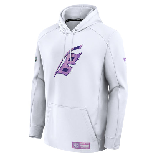 Front: White hoodie, Flags logo in Hockey Fights Cancer pattern on front, "I Fight For" patch on waist