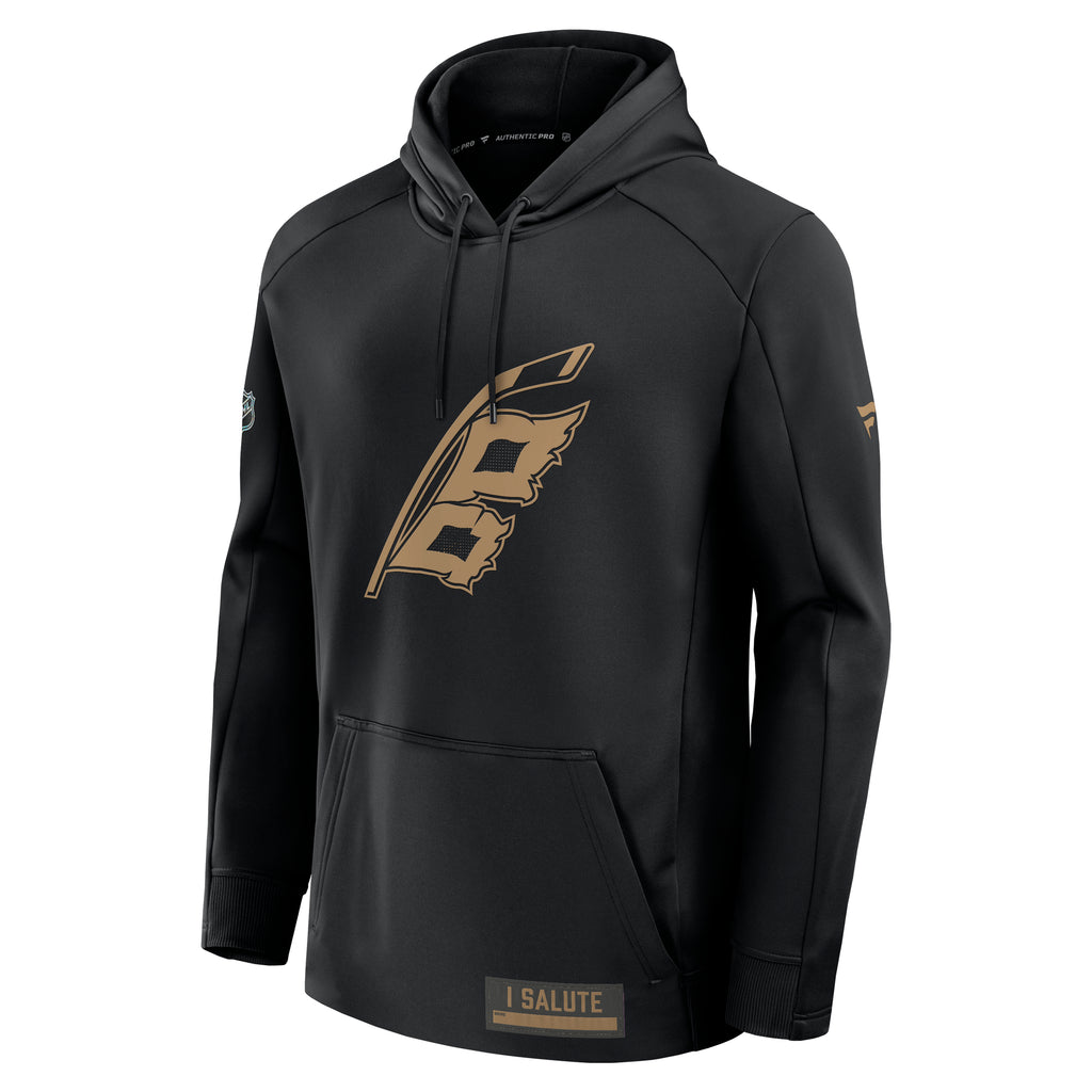 Front: Black hoodie, Flags logo in Military pattern on front, "I Salute" patch on waist