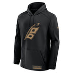 Front: Black hoodie, Flags logo in Military pattern on front, "I Salute" patch on waist