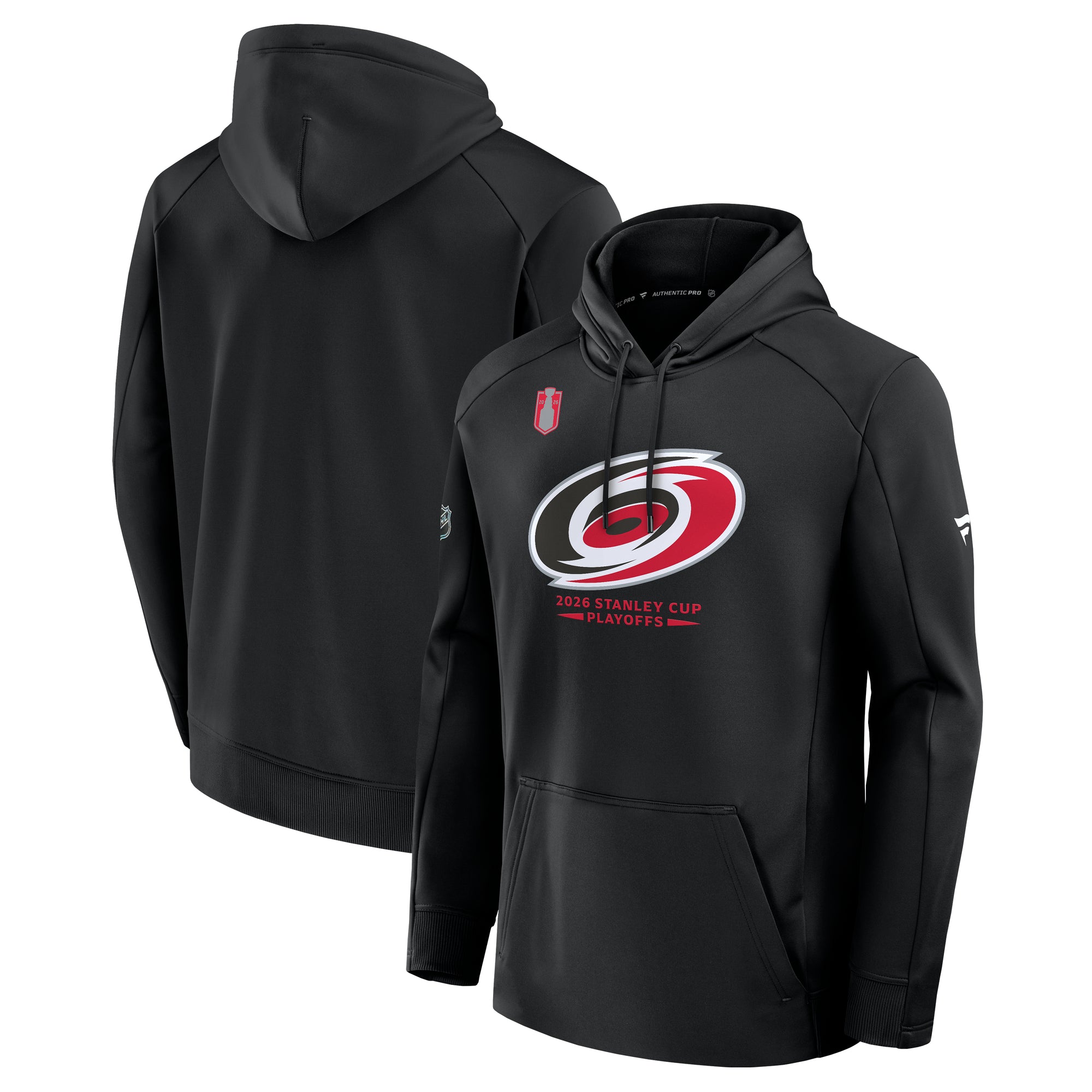 Front/Back: Black hoodie, Primary logo across chest, "2026 Stanley Cup Playoffs" below in red