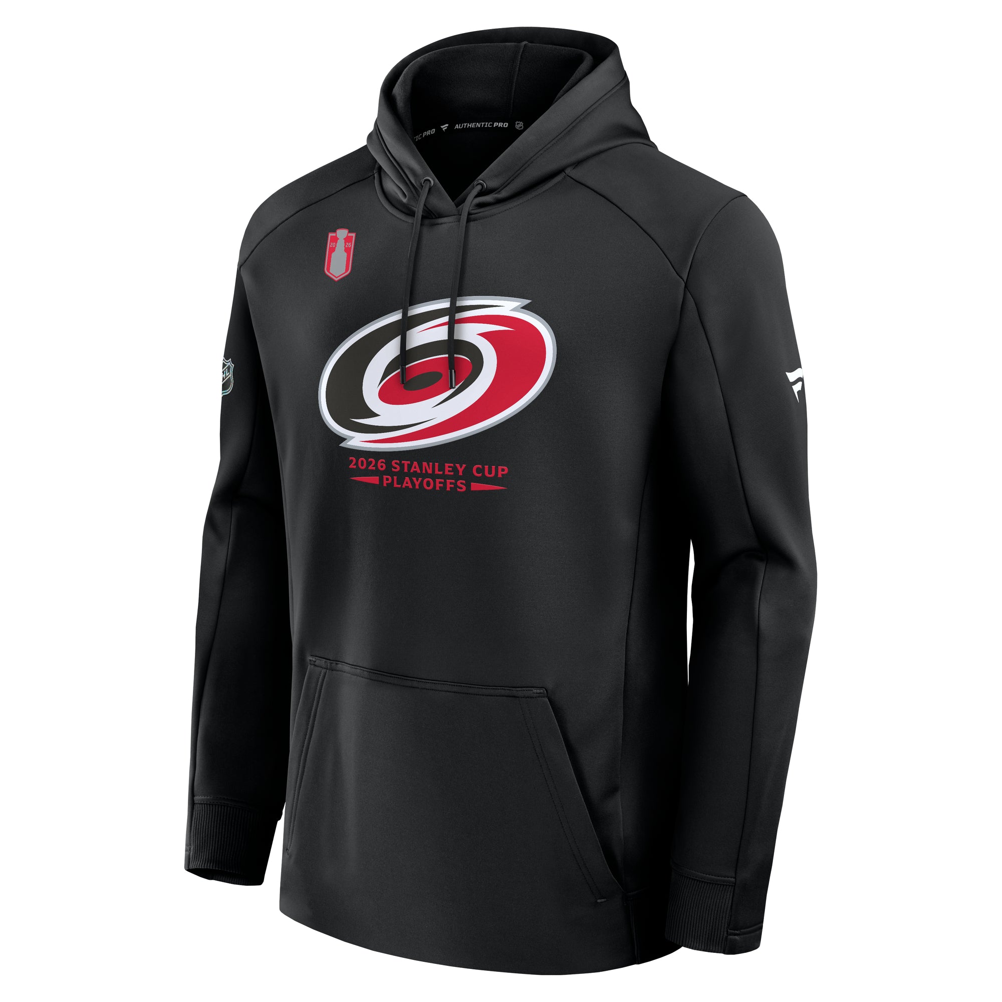 Front: Primary logo across chest with red text below, red Stanley Cup Playoffs logo at top right