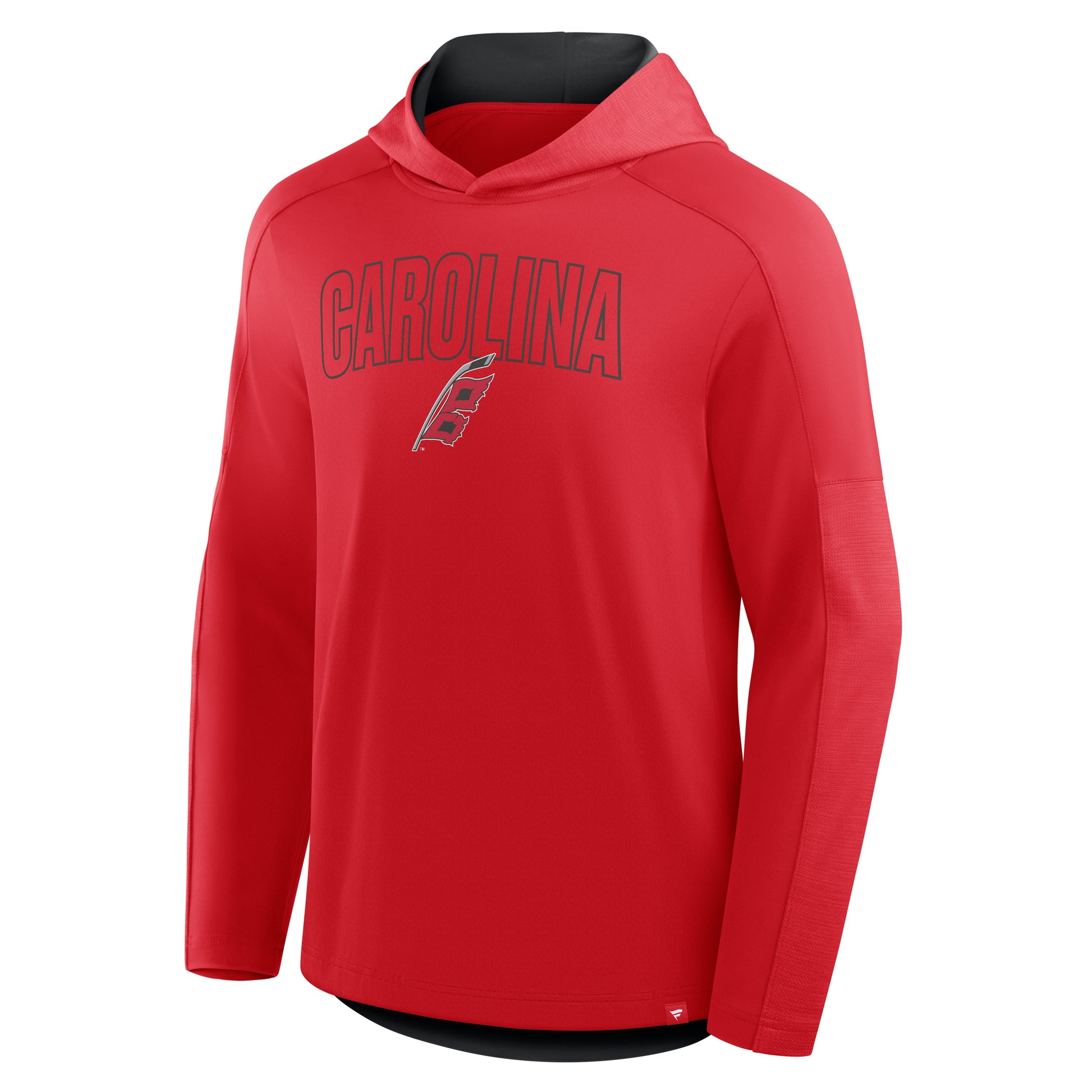 Front: Red hoodie, "CAROLINA" outlined in black with Flags logo across chest