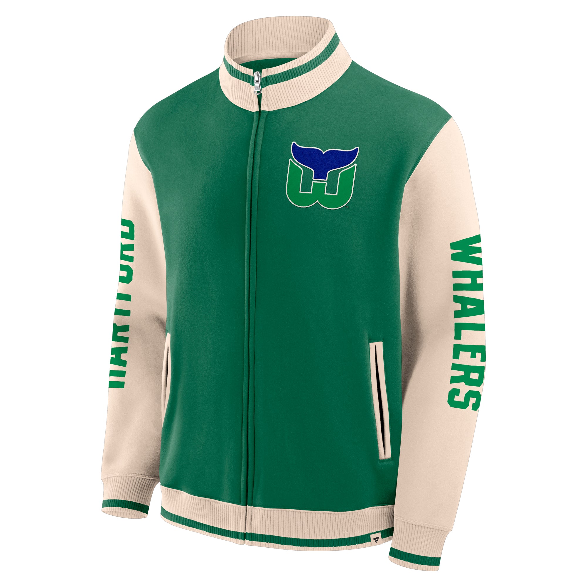 Front: Green fullzip with cream accents, Whalers tail logo on left chest