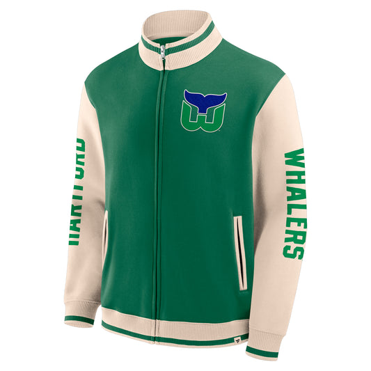 Front: Green fullzip with cream accents, Whalers tail logo on left chest
