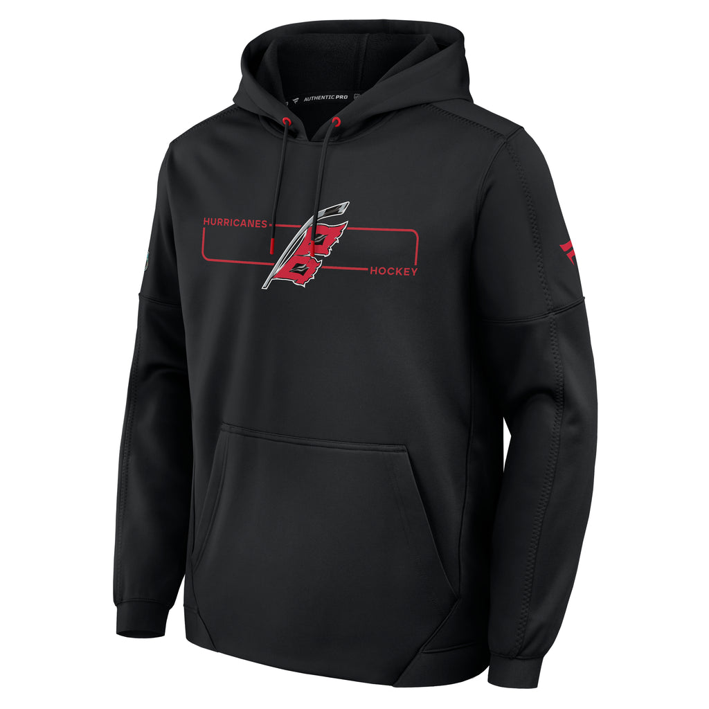 Front: Red rectangle, says "Hurricanes Hockey" in red within rectangle, Flags logo overtop rectangle
