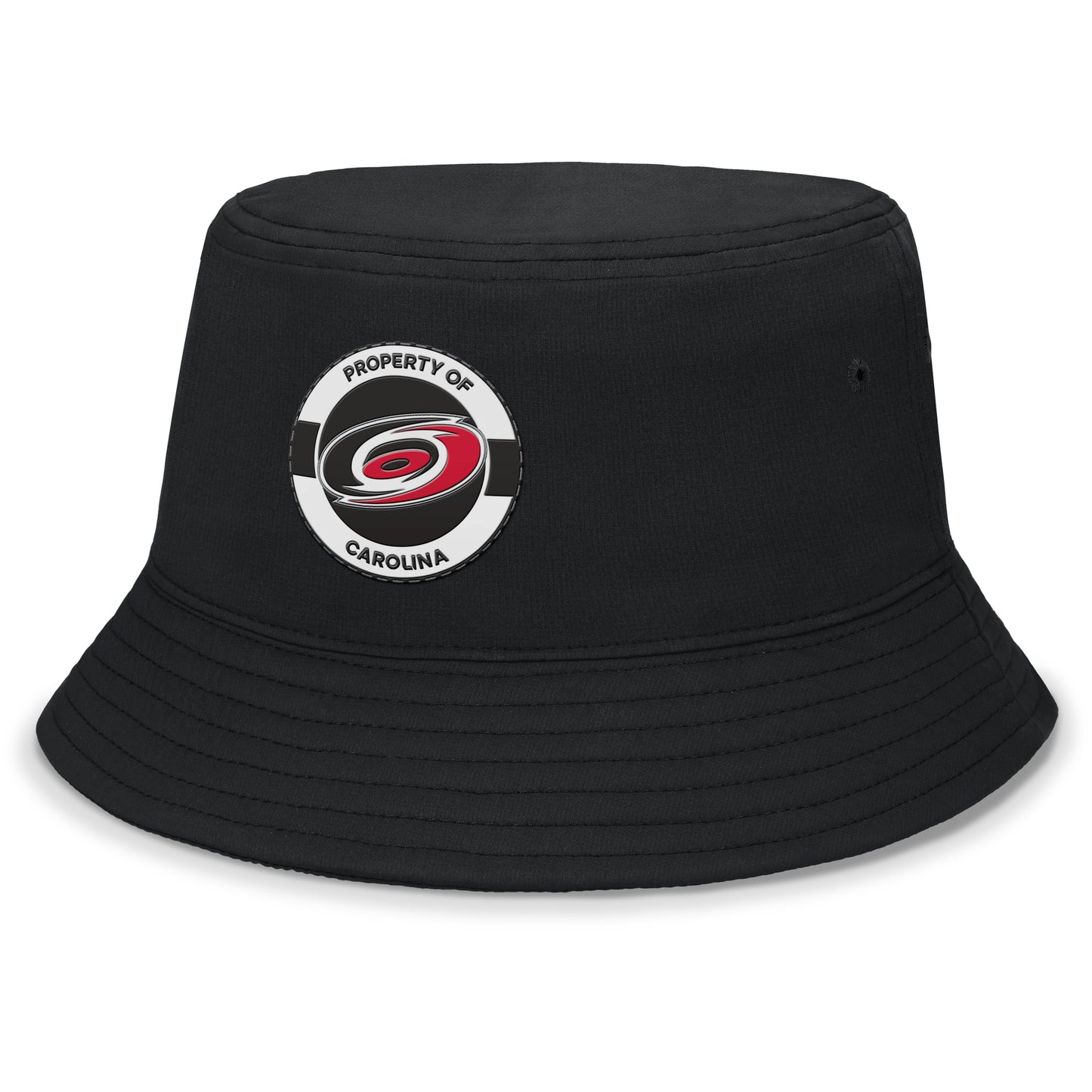 Front: Black bucket hat, "Property of Carolina" patch on front
