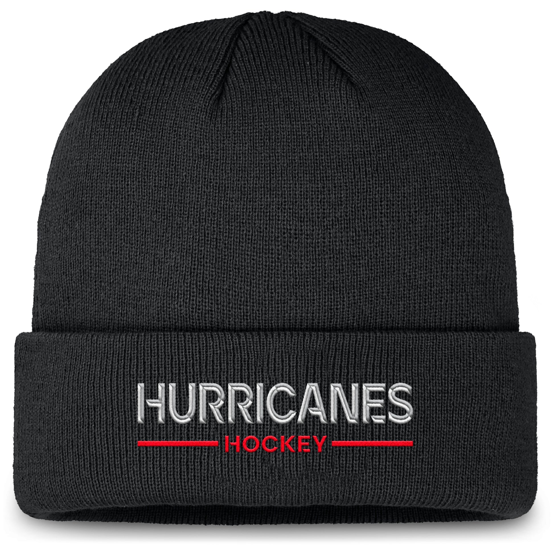 Black cuffed beanie, "Hurricanes Hockey" in silver and red