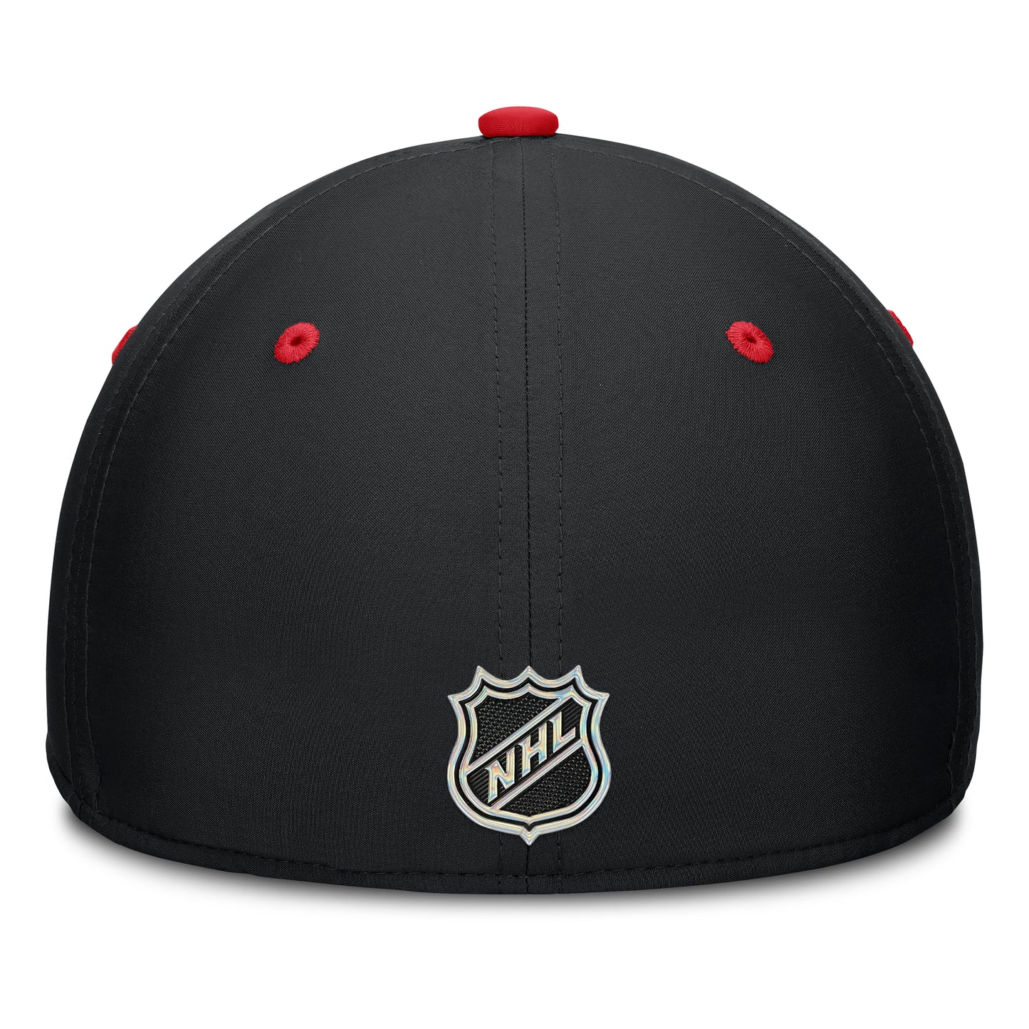 Back: Black fitted hat with red eyelets and crown, NHL Shield on back