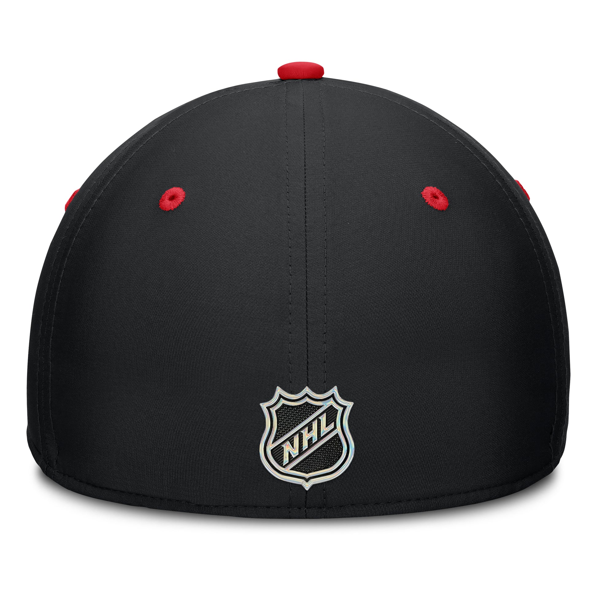 Back: Black fitted hat with red eyelets and crown, NHL Shield on back