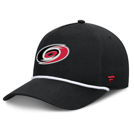 Front: Black hat, white rope on brim, Primary logo on front, Fanatics red logo on left