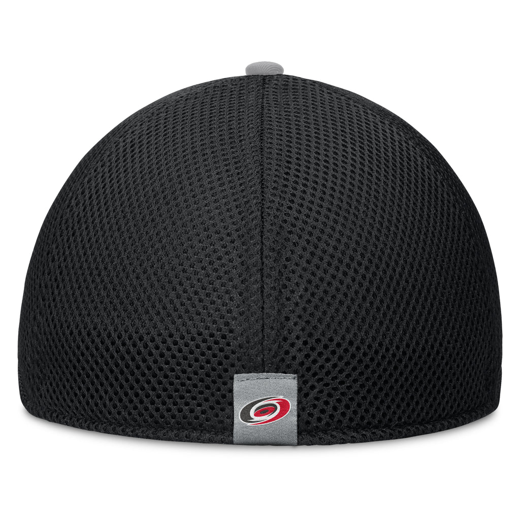 Back: Black stretch fit, gray Hurricanes tag with primary logo on back