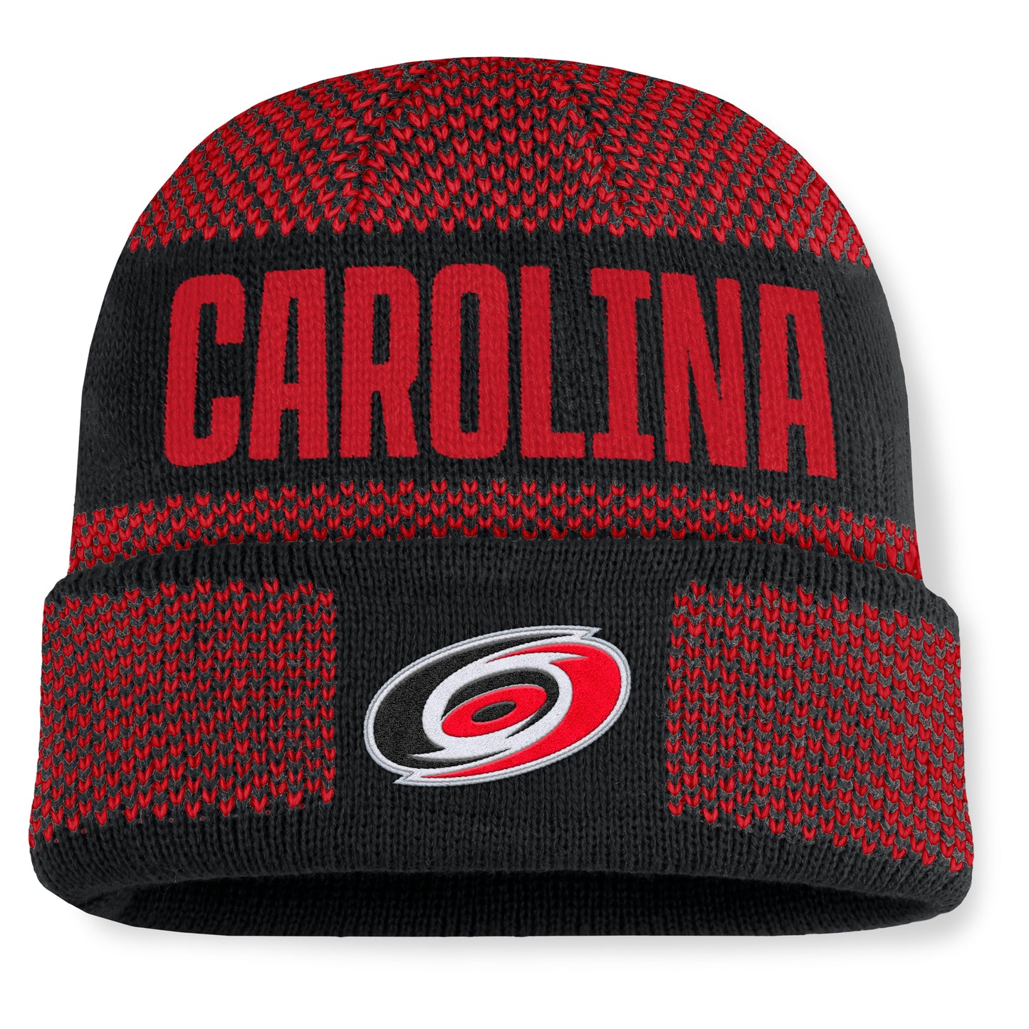 Front: Black beanie with red pattern, "CAROLINA" across front, primary logo on cuff